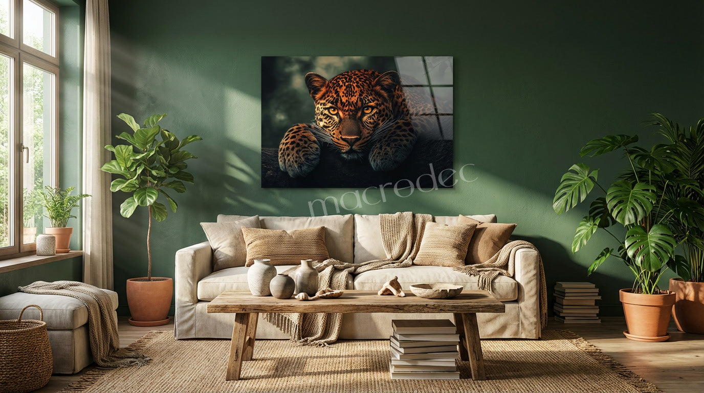 "Vahşi Asalet" Leopar Portresi Modern Cam Tablo