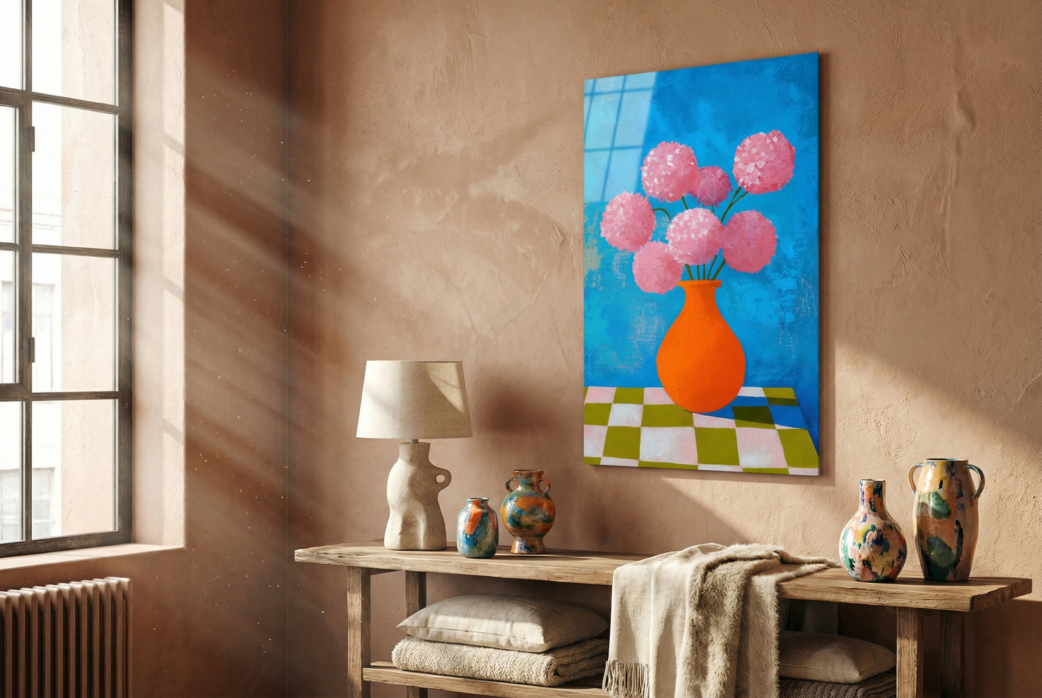 "Vazoda Pembe Çiçekler" Modern Sanat Cam Tablo