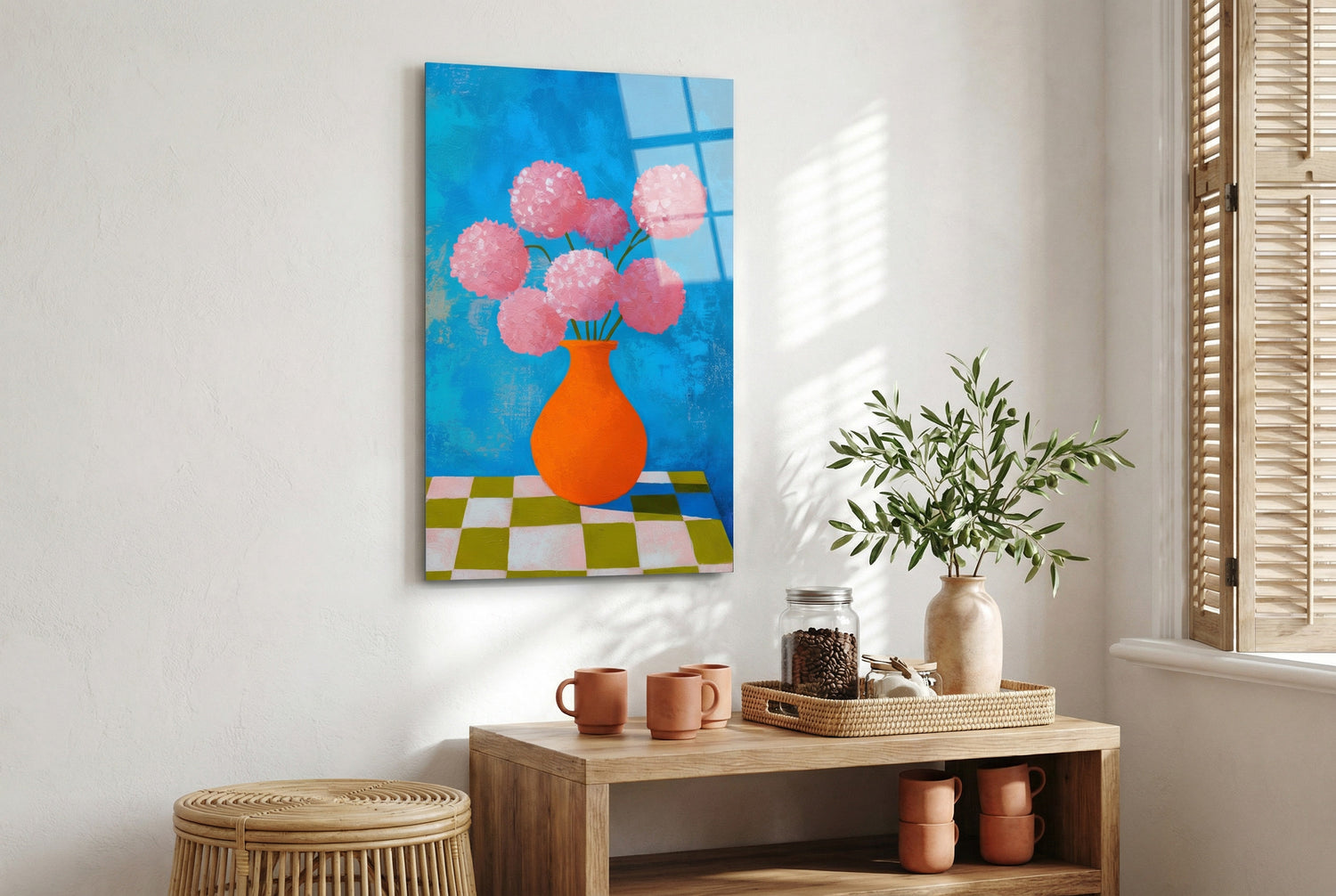 "Vazoda Pembe Çiçekler" Modern Sanat Cam Tablo