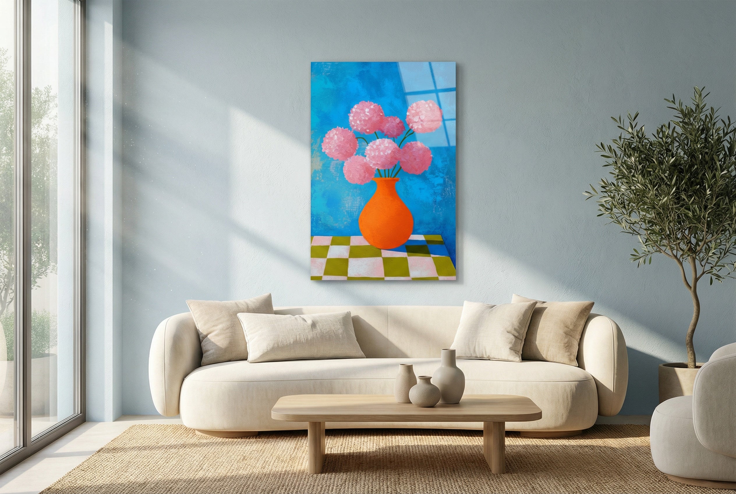 "Vazoda Pembe Çiçekler" Modern Sanat Cam Tablo