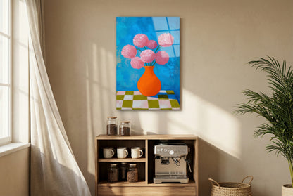 "Vazoda Pembe Çiçekler" Modern Sanat Cam Tablo