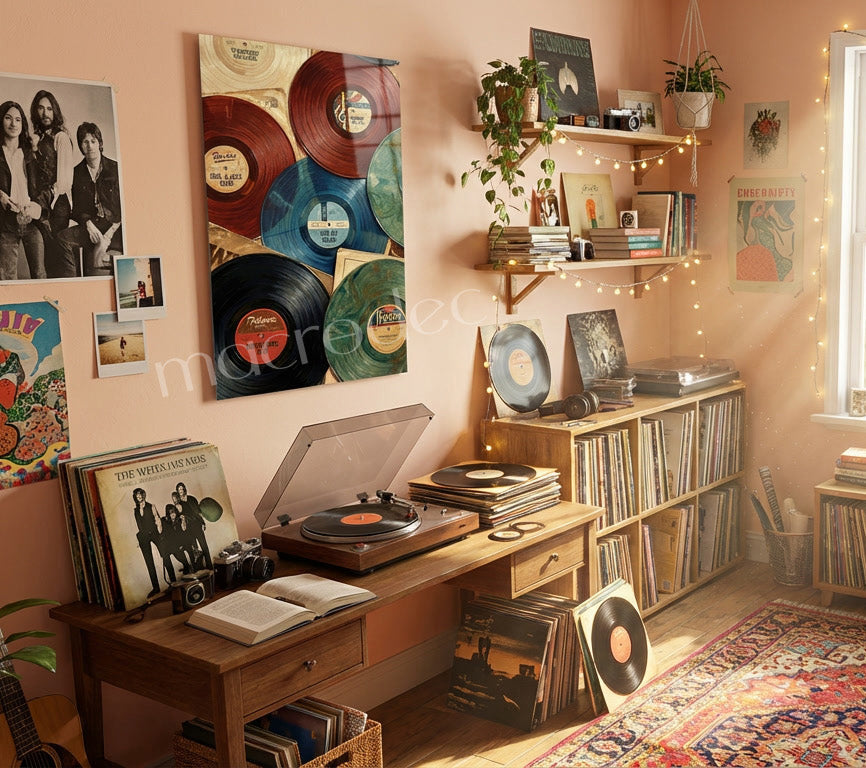 "Vintage Vinyl Hits: Müziğin Zamansız Ruhu" Sanatsal Cam Tablo