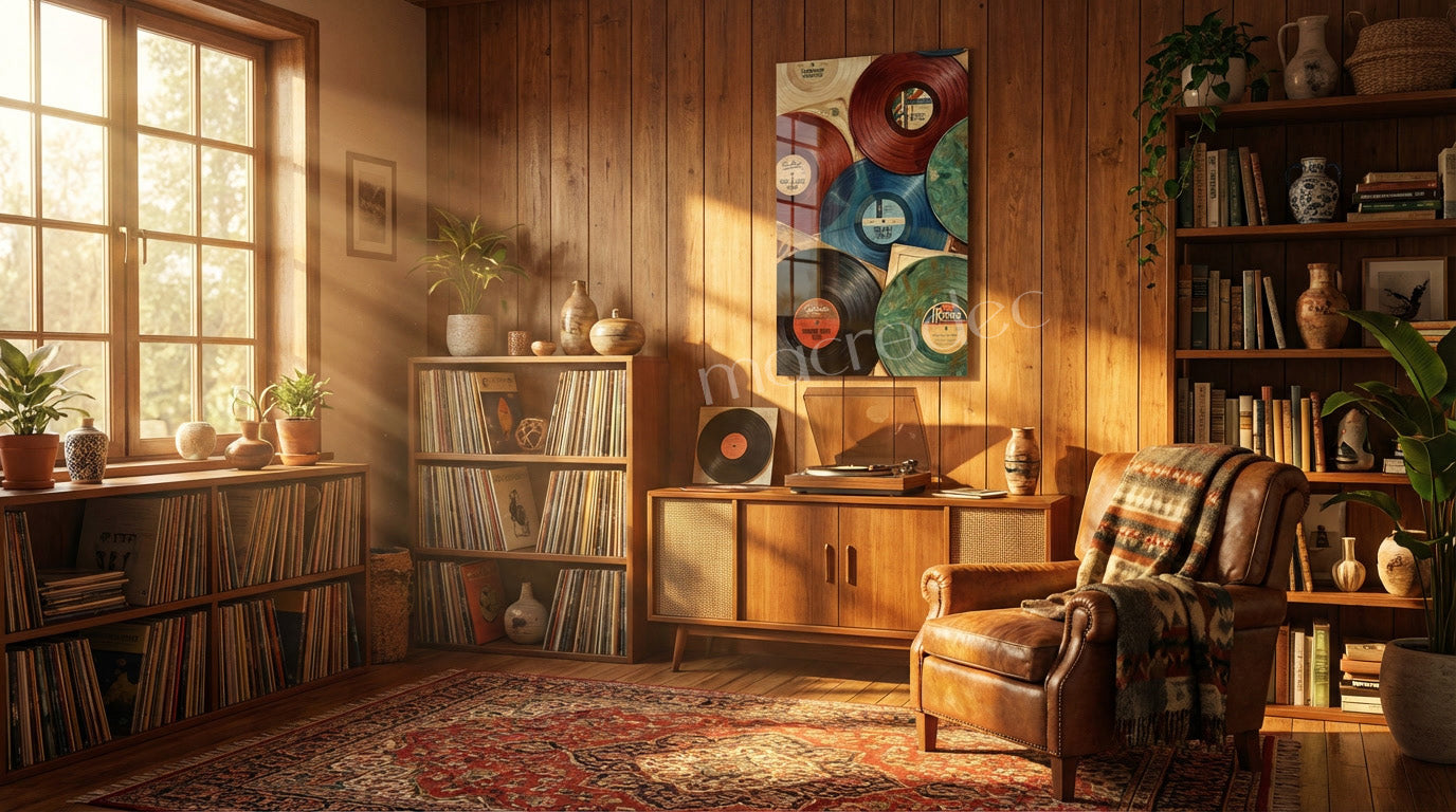 "Vintage Vinyl Hits: Müziğin Zamansız Ruhu" Sanatsal Cam Tablo