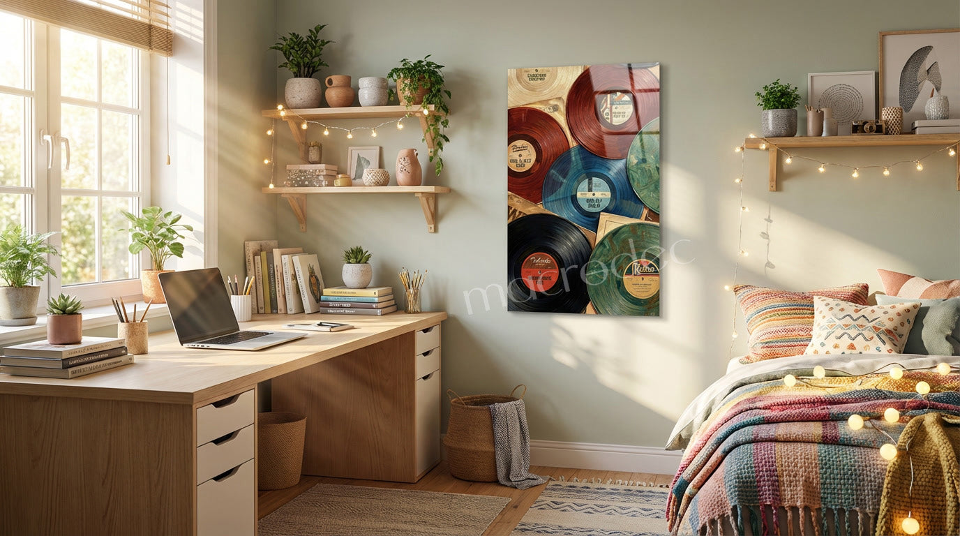 "Vintage Vinyl Hits: Müziğin Zamansız Ruhu" Sanatsal Cam Tablo