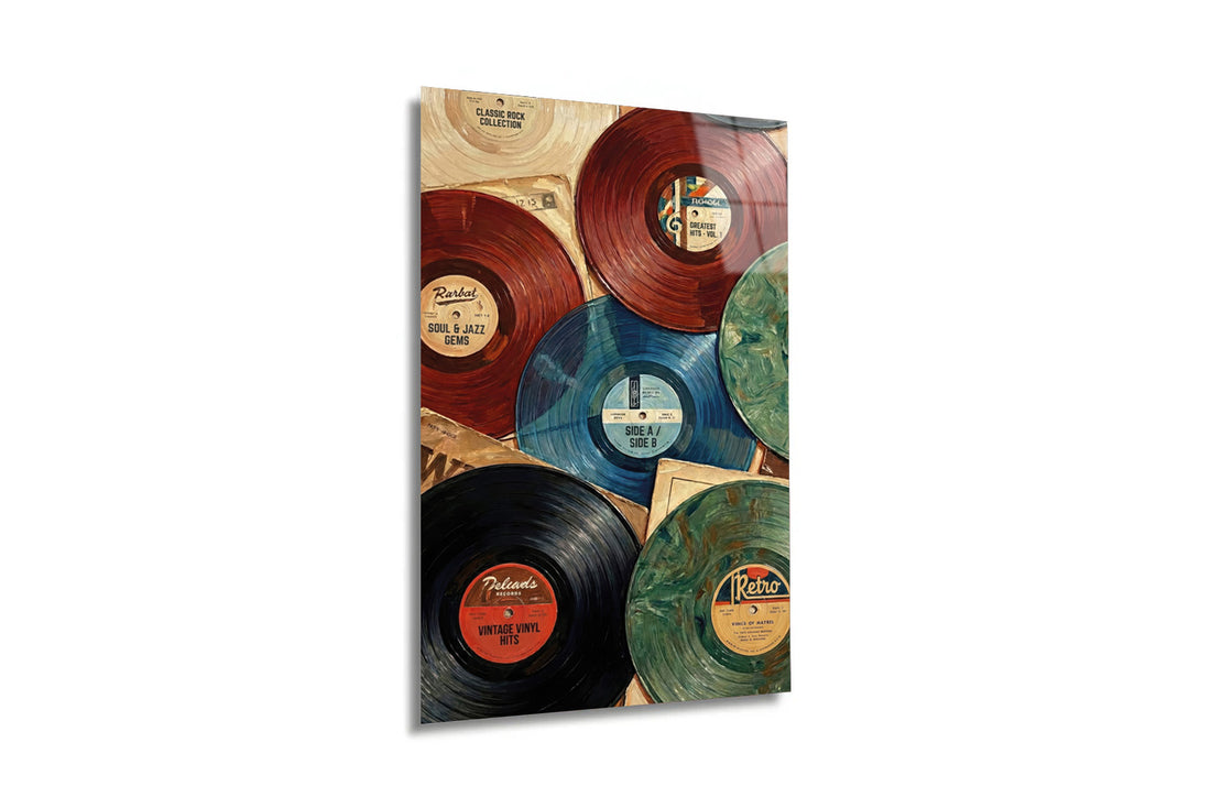"Vintage Vinyl Hits: Müziğin Zamansız Ruhu" Sanatsal Cam Tablo
