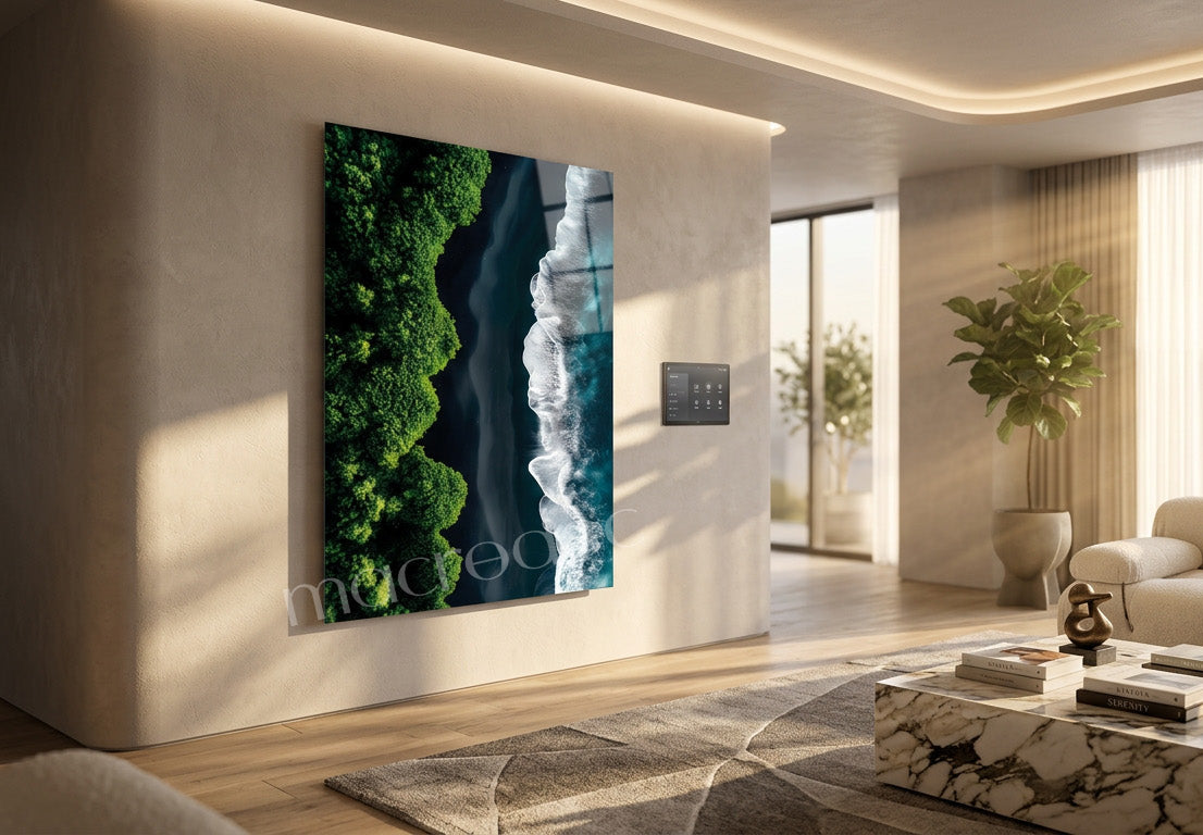 Volcanic Shore: Siyah Kum ve Orman" Sanatsal Cam Tablo