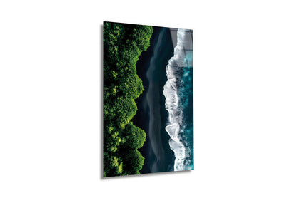 Volcanic Shore: Siyah Kum ve Orman" Sanatsal Cam Tablo