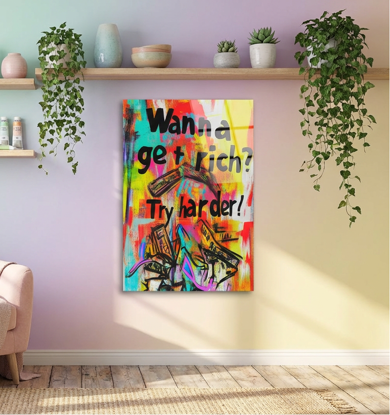 "Wanna Get Rich? Try Harder!" Motivasyonel Street Art Cam Tablo -