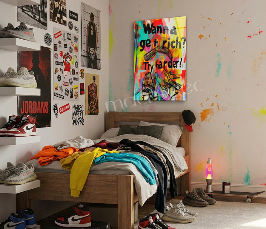 "Wanna Get Rich? Try Harder!" Motivasyonel Street Art Cam Tablo -