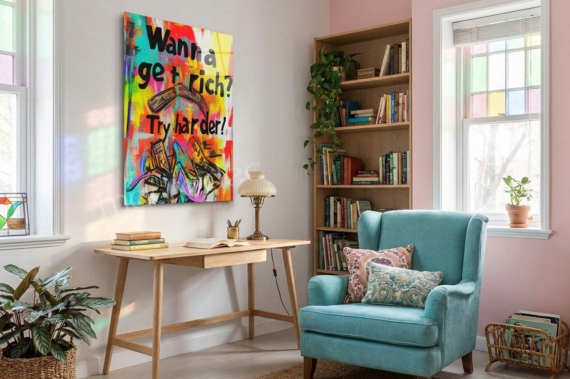 "Wanna Get Rich? Try Harder!" Motivasyonel Street Art Cam Tablo -