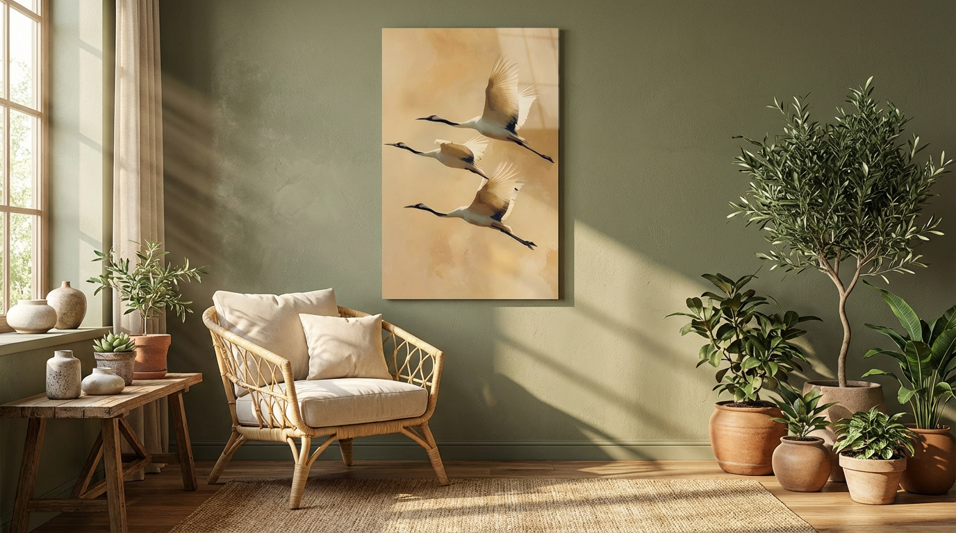 "Zen Esintisi" Minimalist Uçan Turna Kuşları Cam Tablo