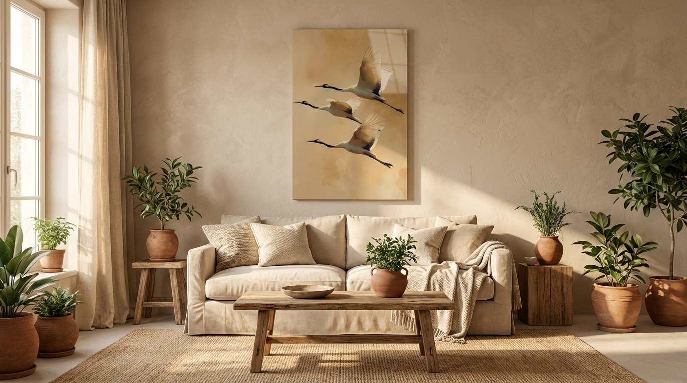 "Zen Esintisi" Minimalist Uçan Turna Kuşları Cam Tablo