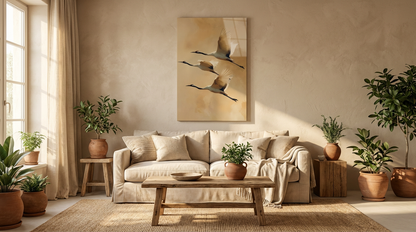 "Zen Esintisi" Minimalist Uçan Turna Kuşları Cam Tablo