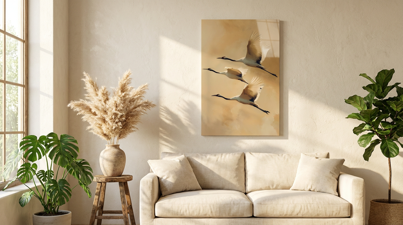 "Zen Esintisi" Minimalist Uçan Turna Kuşları Cam Tablo
