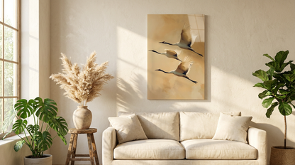 "Zen Esintisi" Minimalist Uçan Turna Kuşları Cam Tablo