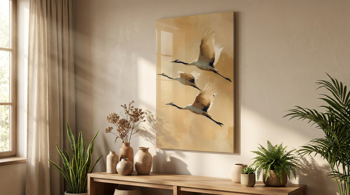 "Zen Esintisi" Minimalist Uçan Turna Kuşları Cam Tablo