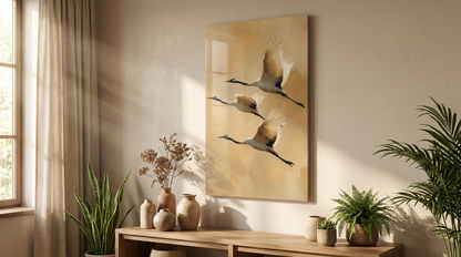 "Zen Esintisi" Minimalist Uçan Turna Kuşları Cam Tablo